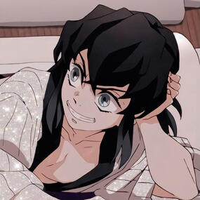 Inosuke from Demon Slayer layind down in a yukata with his head propped up on his hand, mask off and grinning. there are sparkles edited onto his clothes